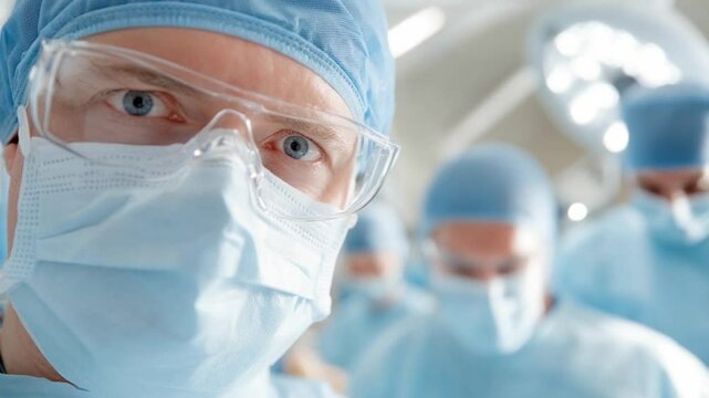 Focused Eyes in Operating Room: A surgeon's determined gaze reflecting the high-pressure environment of an operating room, with fellow medical professionals working collaboratively in the background.
