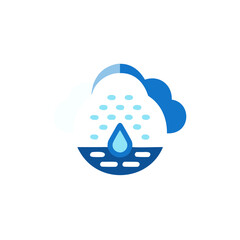 Colorful flat illustration of a cloud with raindrops falling, depicting a rainy weather scene with vibrant blue tones and a cheerful atmosphere for design purposes