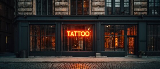 The vibrant neon sign of a tattoo parlor in an urban setting.