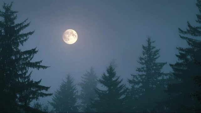 Full moon shining through misty forest at night  