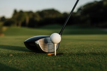 Close up of a golf driver club head poised to strike a white golf ball on a tee in the grass on a sunny day