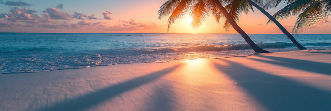 palm trees shadows on smooth beach sand summer background beach in golden hour - Powered by Adobe