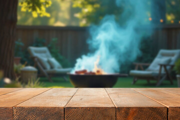 Empty table with barbecue grill in garden – outdoor cooking and camping concept with copy space. Grilling, backyard parties, summer food campaigns or outdoor lifestyle promotions themes.