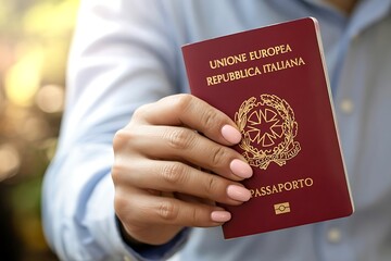 Close up of a person holding an italian european union passport with gold lettering and emblem in a soft focus background