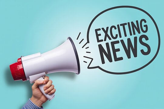 Hand holding a white and red megaphone announcing exciting news in a speech bubble against a bright blue background