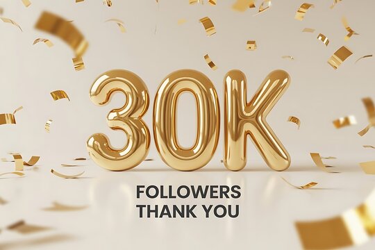 Golden 30k followers thank you celebration with falling confetti and shiny balloons for social media success