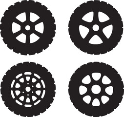 Black Silhouette Car Wheels Set, Off-Road Tire Design, Vector Art