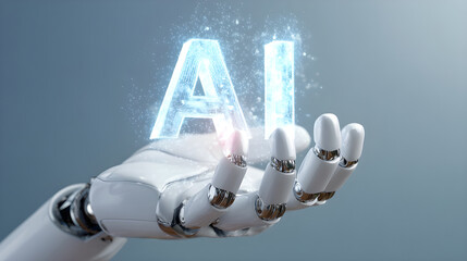 Futuristic Robot Hand Holding Glowing AI Letters