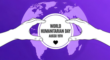 World humanitarian day august nineteenth hands holding circle over purple world map background