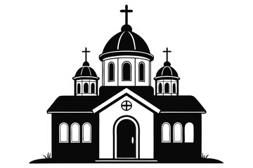 Black and White Illustration of a Church with Domes and Crosses on Top