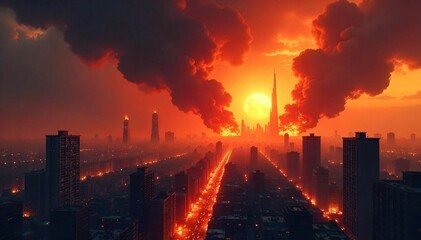 Fiery Apocalypse Crumbling Cityscape Engulfed in Flames and Smoke, a Scene of Utterly Destructive Chaos Under a Fiery Orange Sky