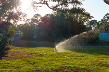 Sprinkler watering lawn grass during dry season