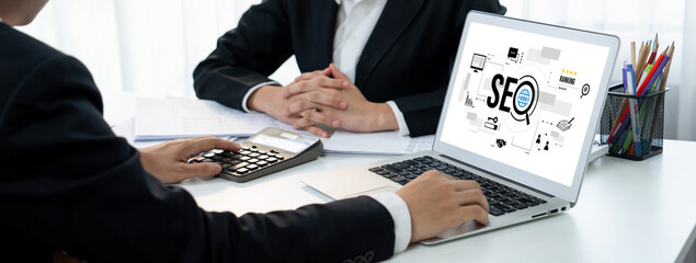 SEO search engine optimization for brisk e-commerce and online retail business showing on computer...