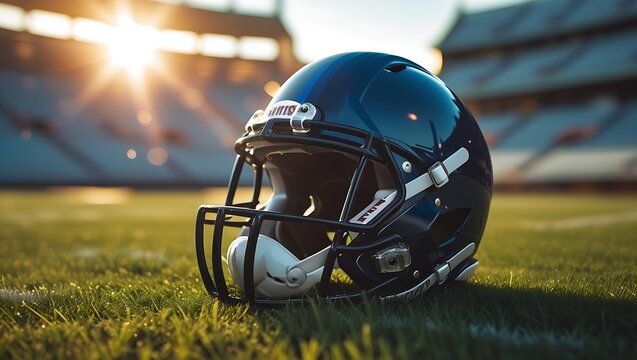 American football helmet resting on a sunlit field with stadium in background