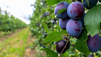 Fresh Purple Plums Hanging on a Tree in an Orchard Setting
