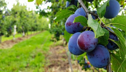 Fresh Plums on Tree Branches in Sunny Orchard Setting