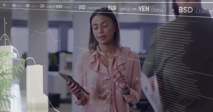 Woman tapping tablet and gesturing, showing finance graph overlay with USD to BSD and GBP tickers