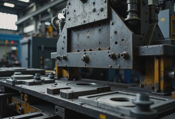 Metal stamping press with formed parts and precise tooling in a factory setting