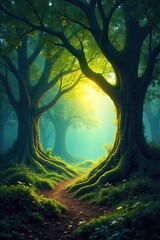 Enchanted Forest Ancient Trees Reach for Ethereal Light, Tranquil Magical Scene