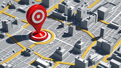 Red location pin marker on a stylized 3d city map with yellow roads