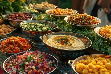 Fototapeta premium A variety of mezze dishes, including hummus, tabbouleh, and baba ghanoush, displayed on a colorful table for iftar