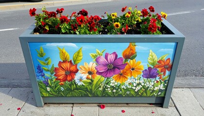 Colorful Flower Planter Box with Vibrant Painted Design