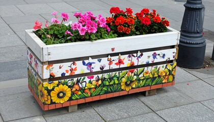 Colorful Floral Planter Box with Vibrant Flowers and Artistic Design