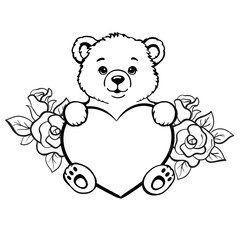 Cute hand-drawn vector of a teddy bear holding a heart surrounded by roses. Perfect for Valentine’s Day, baby shower greeting cards, coloring pages, romantic and love-themed designs