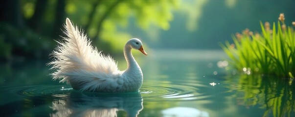 Whimsical Feather Boat Serenely Floating on Calm Blue Lake, Lush Green Reeds Reflecting Sunlight, Magical Atmosphere Landscape