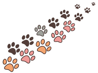 Colorful Paw Prints Trail Across White Background Featuring Brown Pink Orange and Gray Animal Footprints series