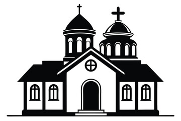 Black and White Vector Illustration of a Traditional Orthodox Church Building with Domes