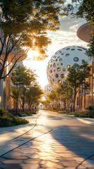 Futuristic eco-friendly city with spherical architecture and sunlit tree-lined boulevard