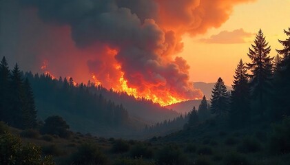 Wildfire Inferno Apocalyptic Forest Fire Raging Through Dense Woods, Billowing Smoke and Scorched Earth