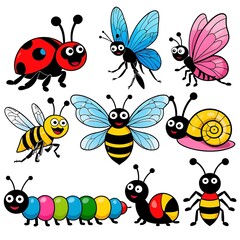 Fototapeta premium Collection of cute cartoon insects and bugs isolated on white background