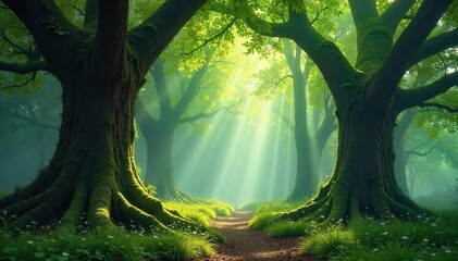 Sun-Dappled Forest Ancient Moss-Draped Trees Create a Mystical Atmosphere, Perfect for Fantasy and Fairytale Themes
