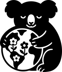 Fototapeta premium Koala hugs earth globe with flowers, showcasing environmental love and conservation in a black and white vector design, silhouette
