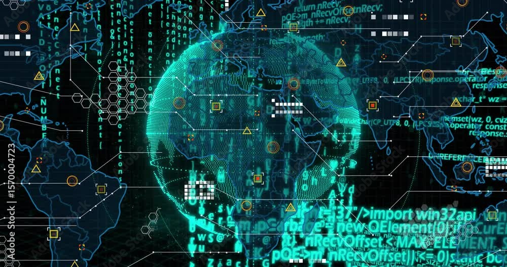 Poster Wireframe globe appearing, rotating with code streams and data nodes forming, showing cyber network