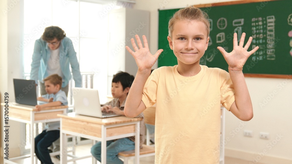 Poster caucasian cute student looking at camera while friend studying about writing engineering code or cod