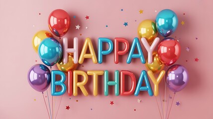 Festive balloons and colorful letters spell out happy birthday celebration party