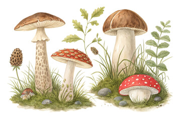 Forest mushrooms vintage style set. Watercolor illustration. Hand drawn porcini, AI Generated by PNG