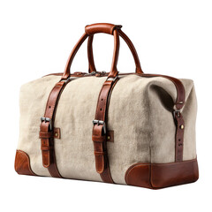 Beige canvas and brown leather duffle bag isolated on transparent background