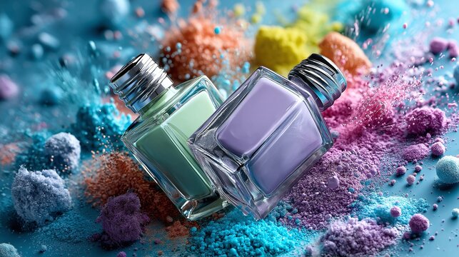 Close-Up of Nail Polish Bottle with Colorful Paint Splash &ndash; Vibrant Pastel Cosmetic Art, abstract cosmetics, pastel artwork, beauty product, artistic nail polish