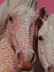 A close-up artistic portrait of two horses covered in vibrant polka dots against a pink background. Creative and surreal animal photography with a playful twist.