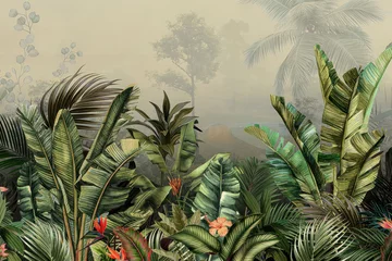 Canvas schilderij Jungle A painted jungle scene with large green leaves and palm trees in the background with fog  © MUHAMMAD