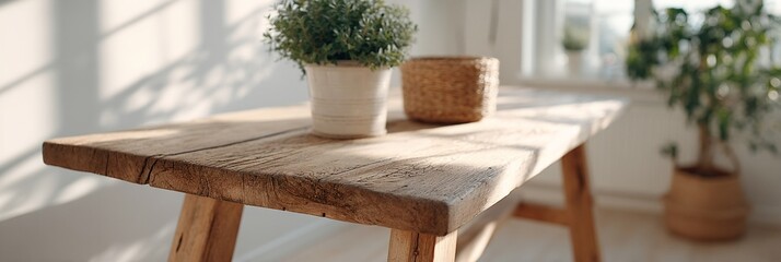 Fototapeta premium Wooden table with a potted plant on it