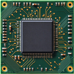 Green circuit board with integrated chip isolated on transparent background