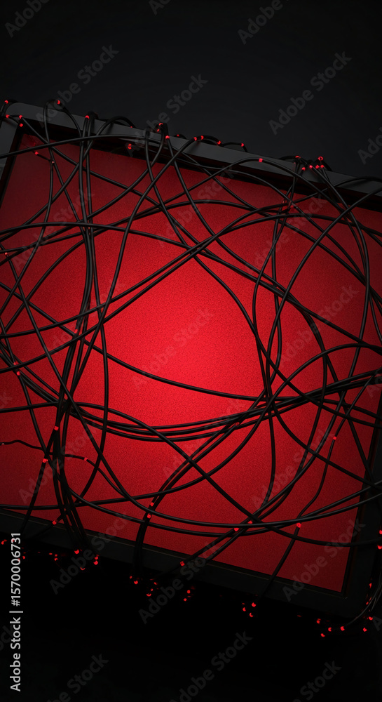 Poster intricate black cables intertwine over a red background within a black frame, creating a complex net