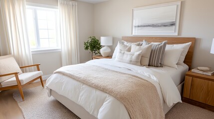 Large bed with a white comforter and pillows