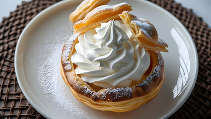 A close-up, eye-level shot of a cream puff dessert on a white plate