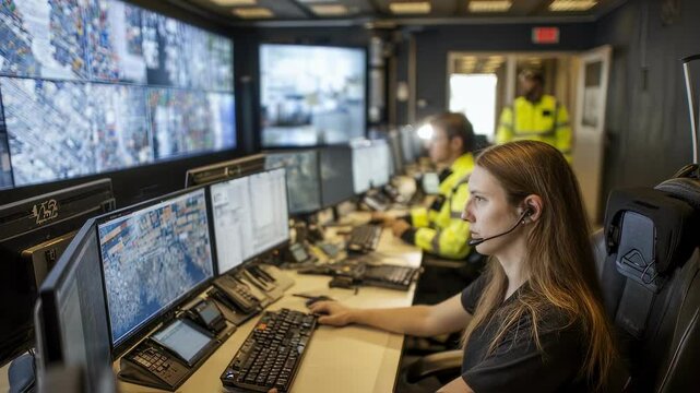 Inside a logistics control room logistics coordinators analyze realtime data on screens monitoring the status of incoming ships and outgoing trucks ensuring optimal timing and efficiency